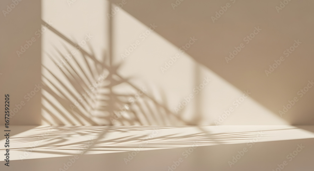 Aufkleber abstract image featuring the shadow of a palm leaf cast against a beige wall and floor, creating a g