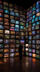 Blurred background of Wall of multiple televisions, each screen displaying different scenes. Overwhelming atmosphere, symbolizing media overload, propaganda, and the impact of constant news coverage.