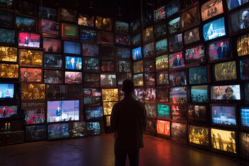 Blurred background of Wall of multiple televisions, each screen displaying different scenes. Overwhelming atmosphere, symbolizing media overload, propaganda, and the impact of constant news coverage.