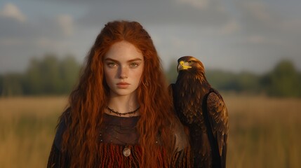 Red haired woman with eagle on shoulder, cinematic outdoor portrait in golden meadow, symbolic human animal connection, dramatic wild bird of prey aesthetic in nature landscape