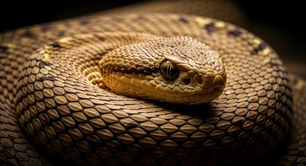 Obraz premium Close-up of a coiled snake, showcasing intricate patterns and textures in warm earth tones.