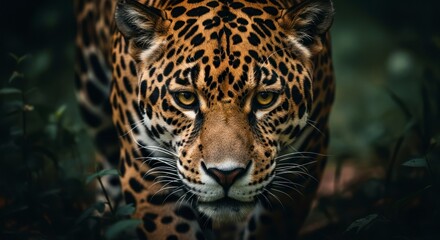 Obraz premium Close-up of a jaguar, showcasing its intense gaze and striking coat patterns in a dark, natural setting.
