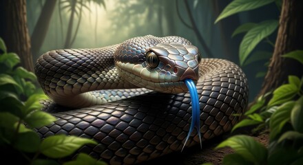 Fototapeta premium A detailed illustration of a dark gray snake with a striking blue tongue, coiled amongst lush tropical foliage, showcasing intricate scales and a captivating mood.
