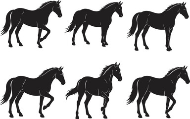 Six black horse silhouettes in various poses &ndash; elegant stallions, animal vector illustrations for equestrian and nature designs