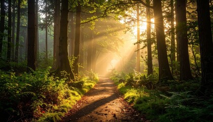 Obraz premium Serene Forest Pathway with Sunlight Filtering Through Trees