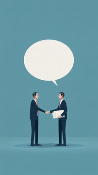 Two businessmen with empty speech bubble between them. One man is holding paper documents. Communication, negotiation, or discussion. Business talks, corporate dialogue, agreement, teamwork