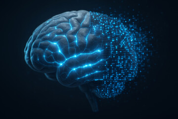 Digital brain with glowing connections and data particles