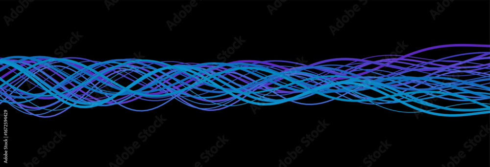 Poster dynamic vector tech background with purple and blue wave patterns on black.