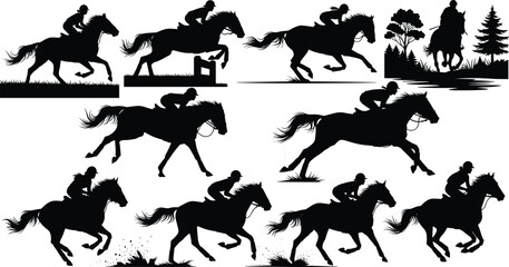 Black silhouettes of horse riders galloping, jumping, and riding through nature, featuring dynamic equestrian scenes with trees and obstacles