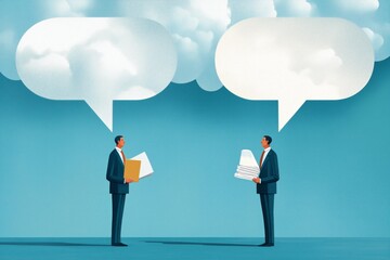 Two businessmen with empty speech bubble between them. One man is holding paper documents. Communication, negotiation, or discussion. Business talks, corporate dialogue, agreement, teamwork