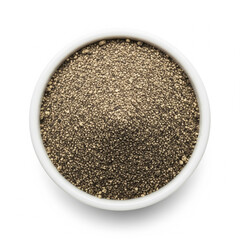Black pepper powder in white ceramic bowl top view isolated on white background