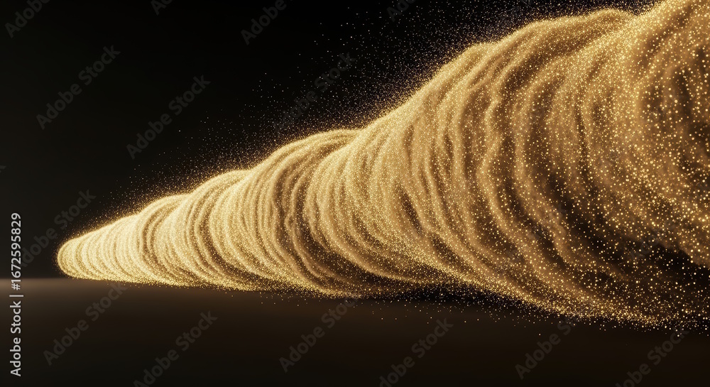Poster golden particles swirl in a dynamic wave, creating a mesmerizing visual effect against a dark backgr