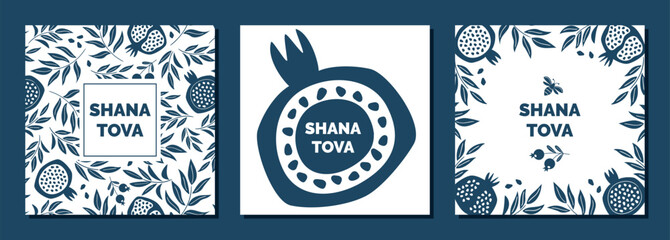 Vector set of cute monochrome Rosh Hashanah celebration postcards with pomegranate and leaves. Happy and sweet new year in hebrew. Concept of jewish New Year symbols. Floral flat cartoon illustration
