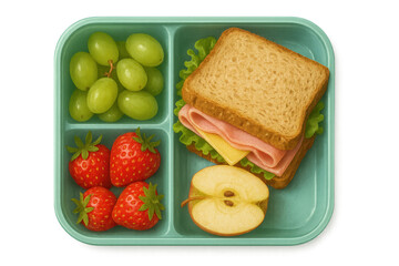 Lunchbox containing sandwich, apple, grapes and strawberries on transparent background