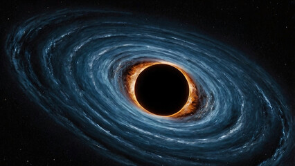 An abstract illustration of a black hole with a glowing orange accretion disk in a swirling galaxy.