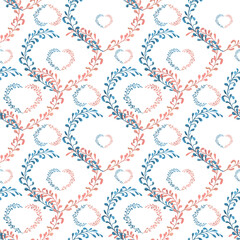 Abstract heart shape seamless pattern. Watercolor art twigs, illustration isolated from background. Pink, blue color. Packaging for Valentine Day, International Women Day, wrapping paper for holiday.