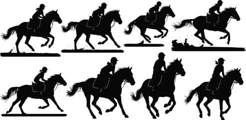 Silhouette horse riding with female jockeys, galloping motion, equestrian sport, speed, grace, black illustration of horseback competition, training