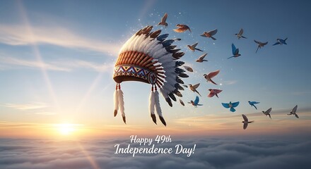 A Native American headdress transforms into a flock of birds flying into a bright, cloud-filled sky at sunset.