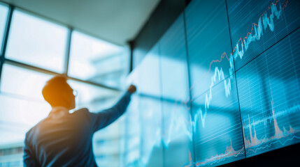 Business professional pointing at a large screen with stock market financial graph