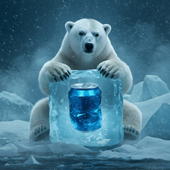 Polar bear holding frozen soda can in ice block arctic beverage refreshment advertising campaign image
