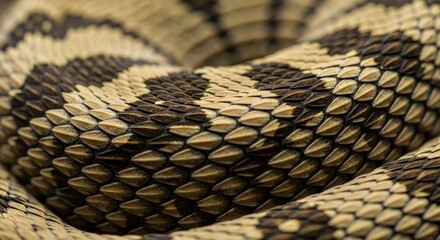 Obraz premium Detailed close-up view of a snake's intricate scales, showcasing the textured patterns and rich tones of beige and dark brown.