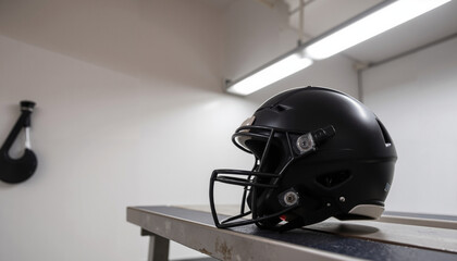 Black football helmet on a shelf in a sports facility