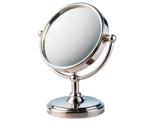 A chrome vanity mirror with a magnifying side, isolated on transparent background