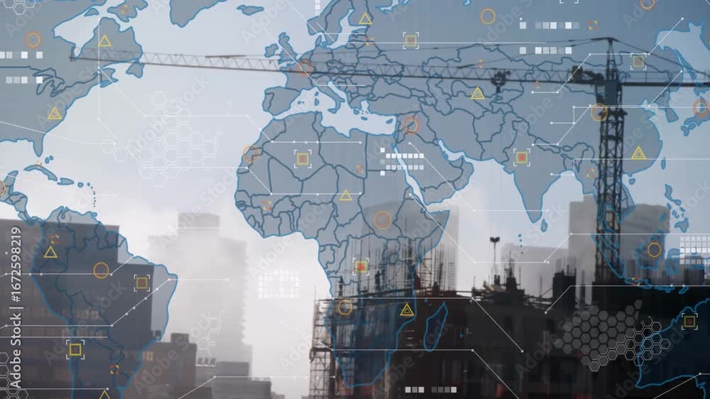 Poster world map and data points animation over construction site with cranes and buildings