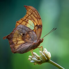 A butterfly gracefully perches on a flower bud, its wings showcasing intricate patterns and colors. The photograph captures the delicate beauty of nature