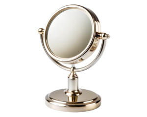 Silver metal doublesided vanity mirror with adjustable stand isolated on transparent background