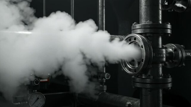 Steam escaping from industrial pipe in dark environment  