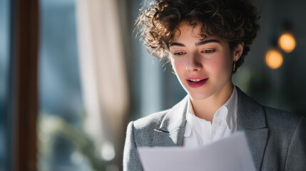 Young professional woman holding sheets of paper, rehearsing a speech in a modern corporate office, preparing for a presentation, job interview, or public speaking event. 