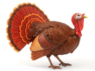 A brown turkey with red and orange feathers isolated on white background, standing in a studio setting, perfect for thanksgiving themes
