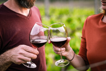 happy couple tasting wine in a vineyard
