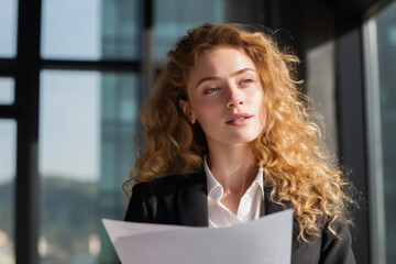 Young professional woman holding sheets of paper, rehearsing a speech in a modern corporate office, preparing for a presentation, job interview, or public speaking event. 