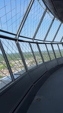 Niagara Falls, Ontario, Canada, June 14, 2025: DOLLY SHOT - Skylon Tower Observation deck. An observation tower that overlooks both the American Falls and the larger Horseshoe Falls.
