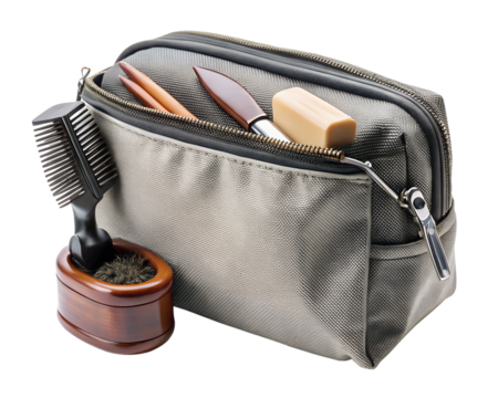 A toiletry bag with grooming tools and a bar of soap, isolated on transparent background