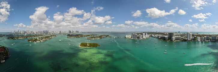 Panoramic view of Miami skyline. Panoramic cityscape of Miami with coastal skyscrapers. Panoramic...