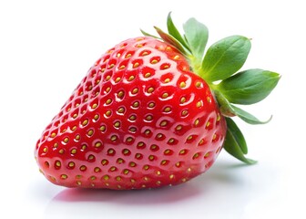 Single ripe red strawberry with green leaves, isolated on white background