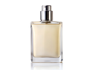 A clear glass bottle of perfume with a silver spray top, isolated on a transparent background