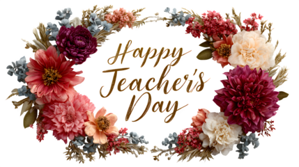 Centered and isolated floral wreath encircling bold calligraphy 'Happy Teachers' Day' text, modern botanical theme, aesthetic with soft gradient