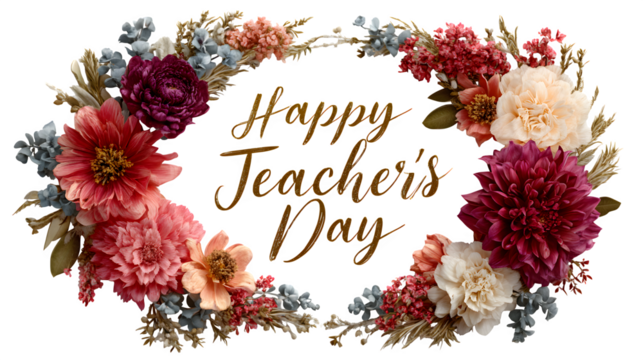 Centered and isolated floral wreath encircling bold calligraphy 'Happy Teachers' Day' text, modern botanical theme, aesthetic with soft gradient