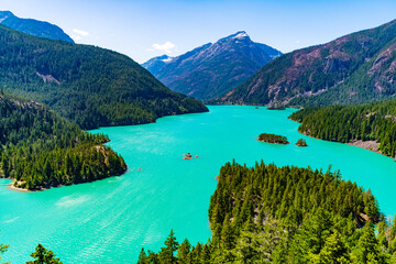 Landscape of mountain peak and Diablo lake. Nature landscape. Diablo Lake in North Cascades...