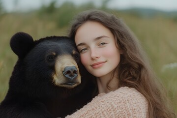 Smiling young woman with long wavy hair embracing black bear in grassy meadow, outdoor portrait of human and animal bond, harmony with nature and wildlife connection concept