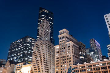City night illuminated building. Skyscraper cityscape. Night city of Chicago. Business city. Night...