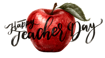 Centered isolated illustration of a heart-shaped apple with flowing calligraphy 'Happy Teacher's Day' text inside, modern watercolor style, aesthetic and vibrant isolated on white