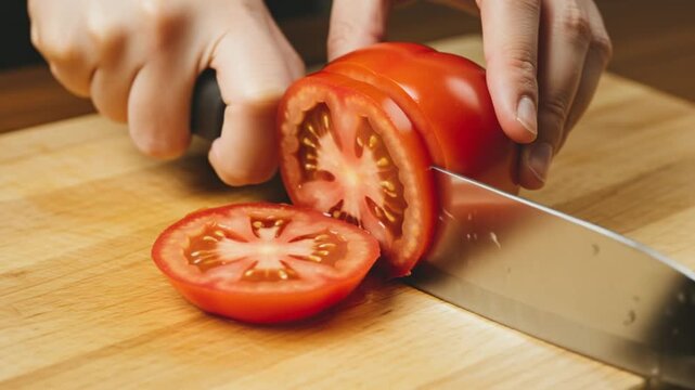 Chopping fresh red tomato with knife on wooden cutting board  
