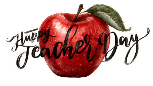 Centered isolated illustration of a heart-shaped apple with flowing calligraphy 'Happy Teacher's Day' text inside, modern watercolor style, aesthetic and vibrant isolated on white