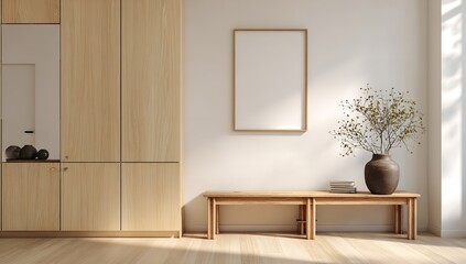 Modern minimalist entryway with light wood floors, white walls, oak console table, wooden bench, and a single large vase, perfect for art display