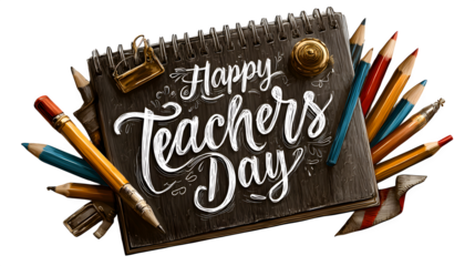 Isolated centered graphic of a notebook surrounded by pencils, rulers, and medals with elegant script 'Happy Teachers' Day' on the cover isolated on white